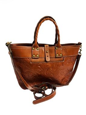 Patricia Nash Analia crossbody tote bag, brown leather, intricate floral tooling
